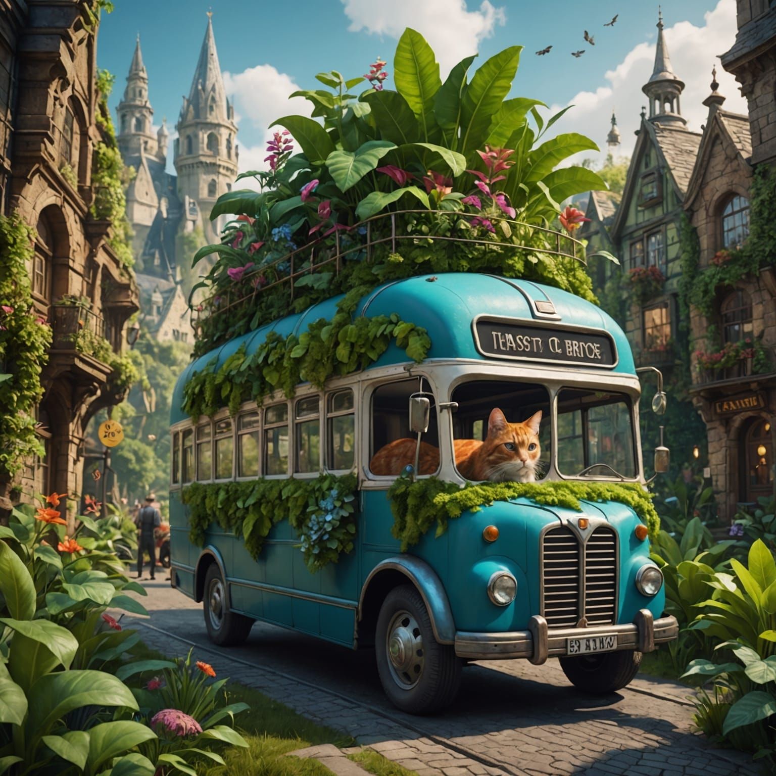 Whimsical Bus-Cat Fantasy Concept Art