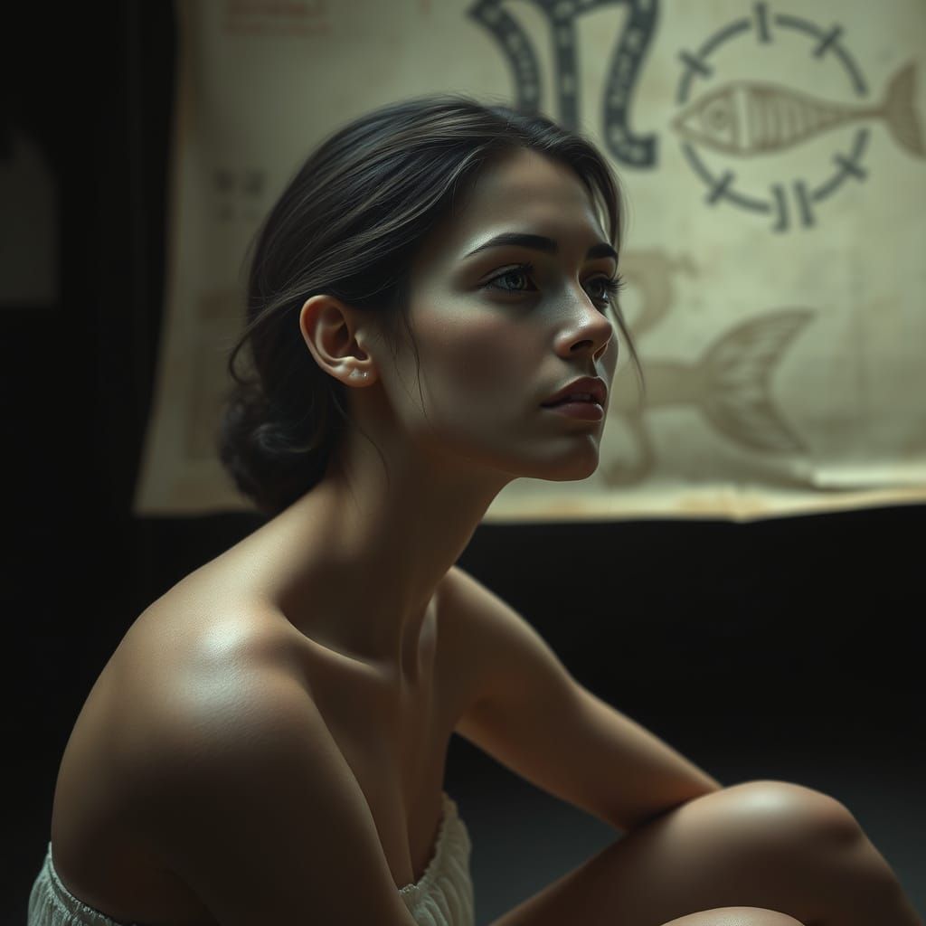 Ethereal Woman in Contemplative Pose with Pisces Symbol