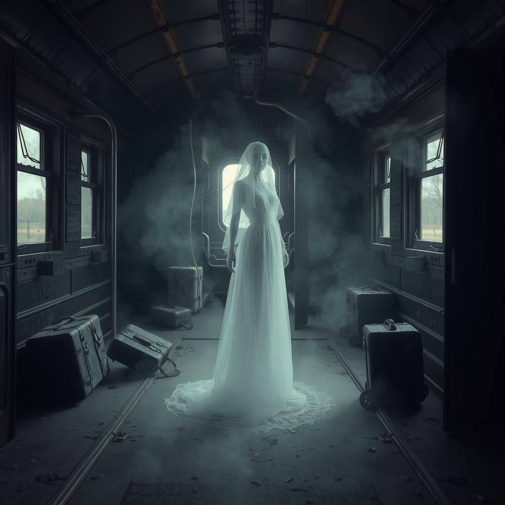 Ethereal Woman Ghost in Abandoned Railway Car