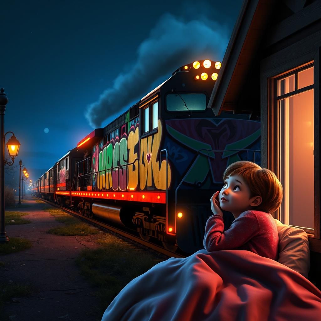 Graffiti Train Wakes Small Town: 3D Digital Art