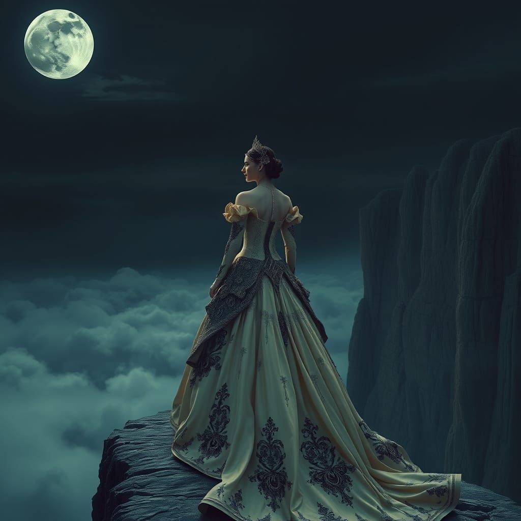 Victorian Woman on Moonlit Cliff in Noir Style