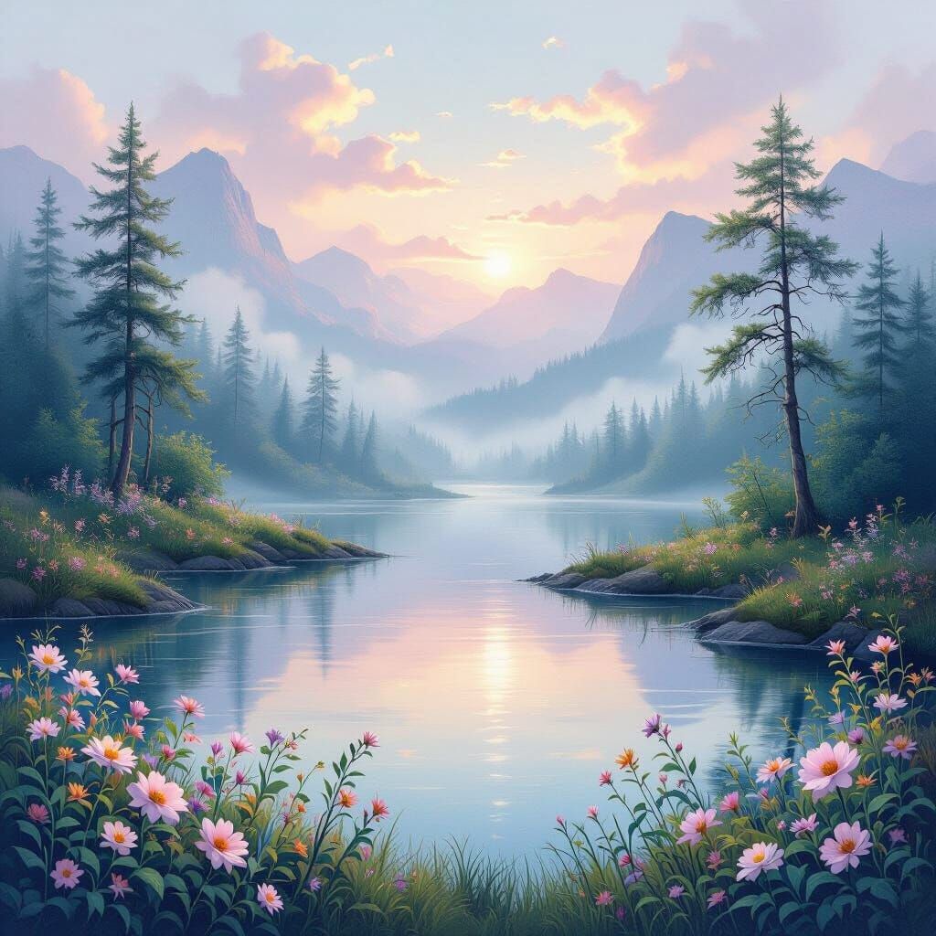 Mystical Pastel Landscape with Ethereal Fog and Dreamy Color...