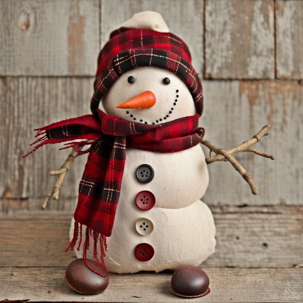 Rustic Muslin Snowman with Plaid Scarf and Felt Hat