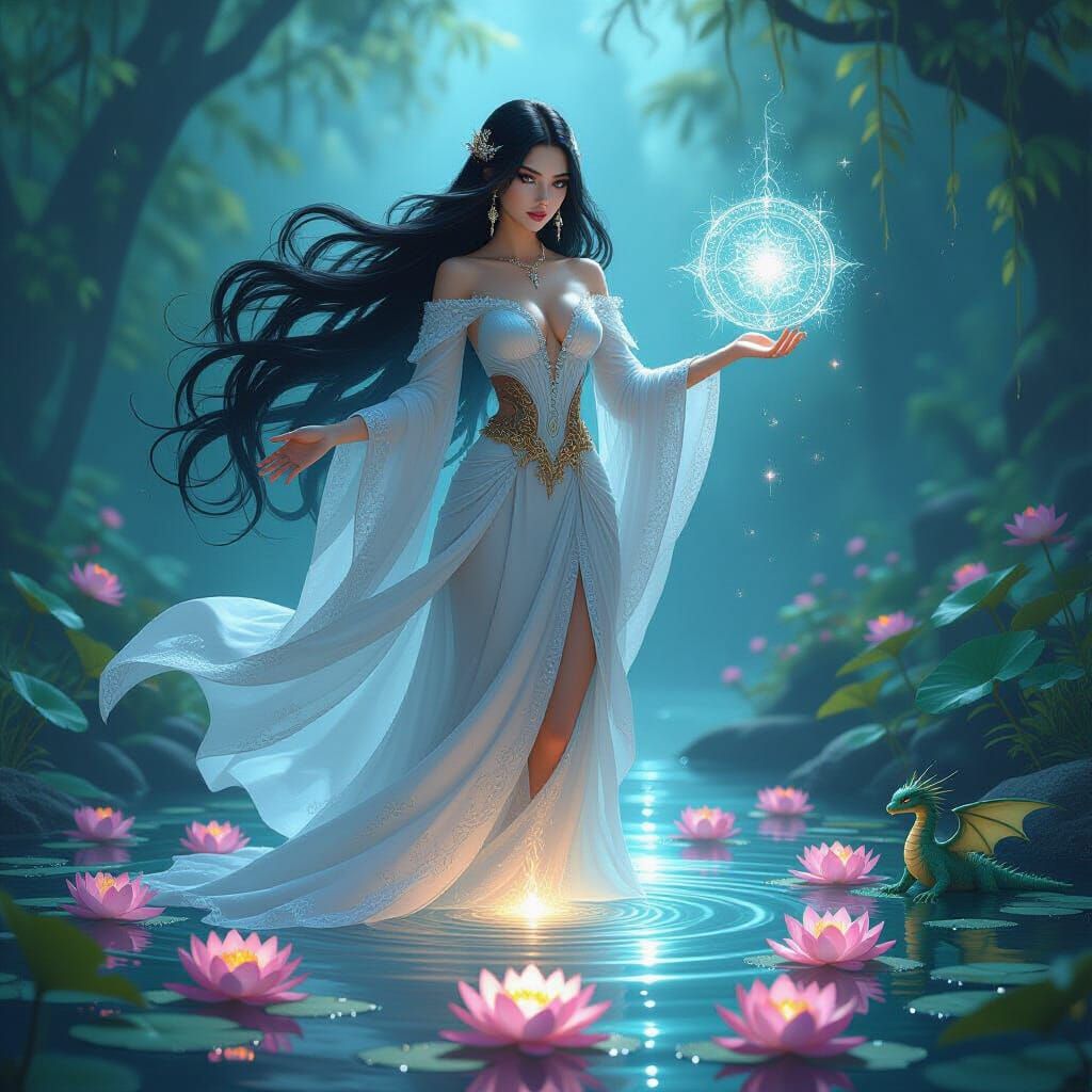 Sorceress Queen Levitating Above Magical Pond as Digital Art