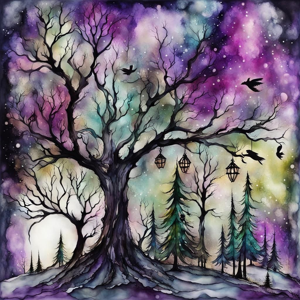 Whimsical Goth Christmas Scene in Alcohol Inks