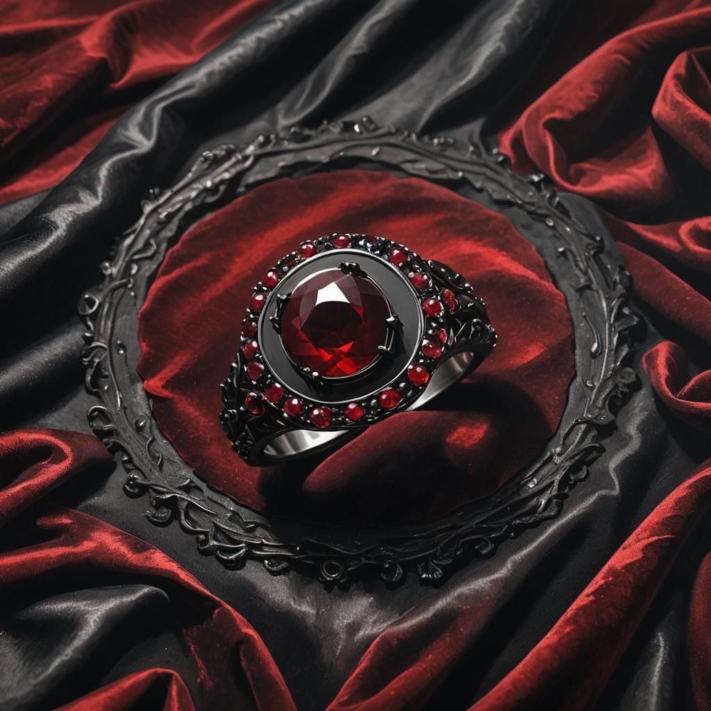 Obsidian Ring on Velvet: A Gothic Oil Painting