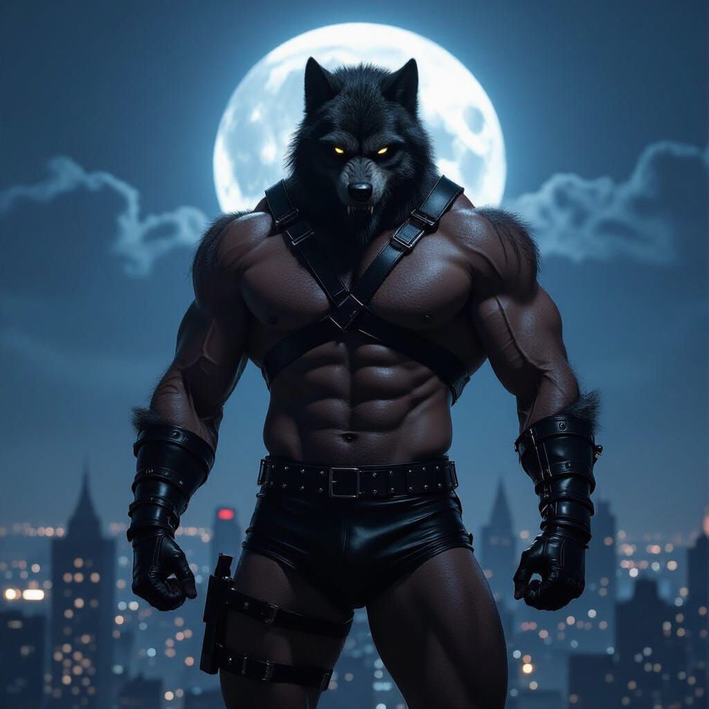 Muscular Werewolf Gimp Guards City Under Full Moon