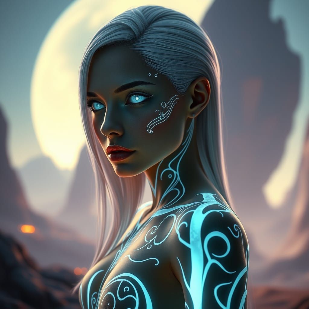 Surreal Alien Goddess with Bio-Luminescent Tattoos in Futuri...