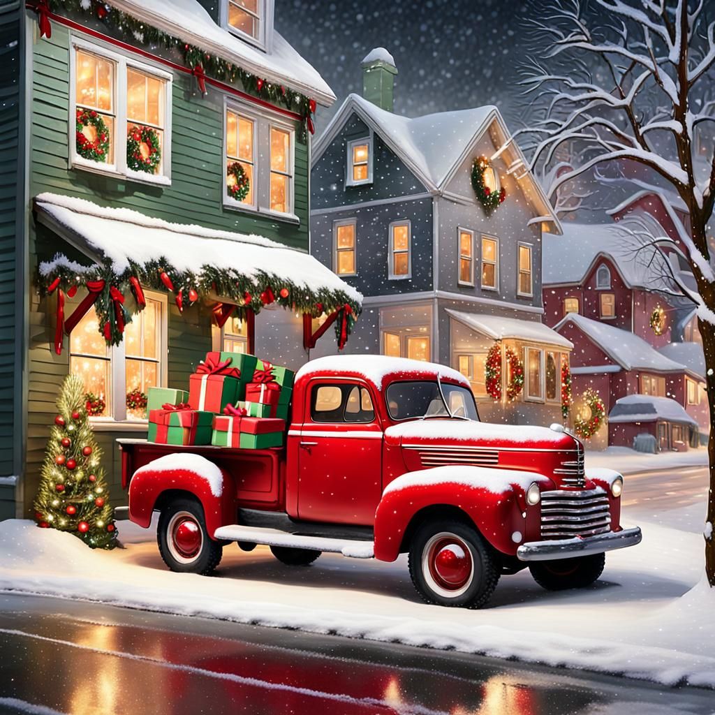 Vintage Truck Delivers Christmas Joy in Snowy Streets