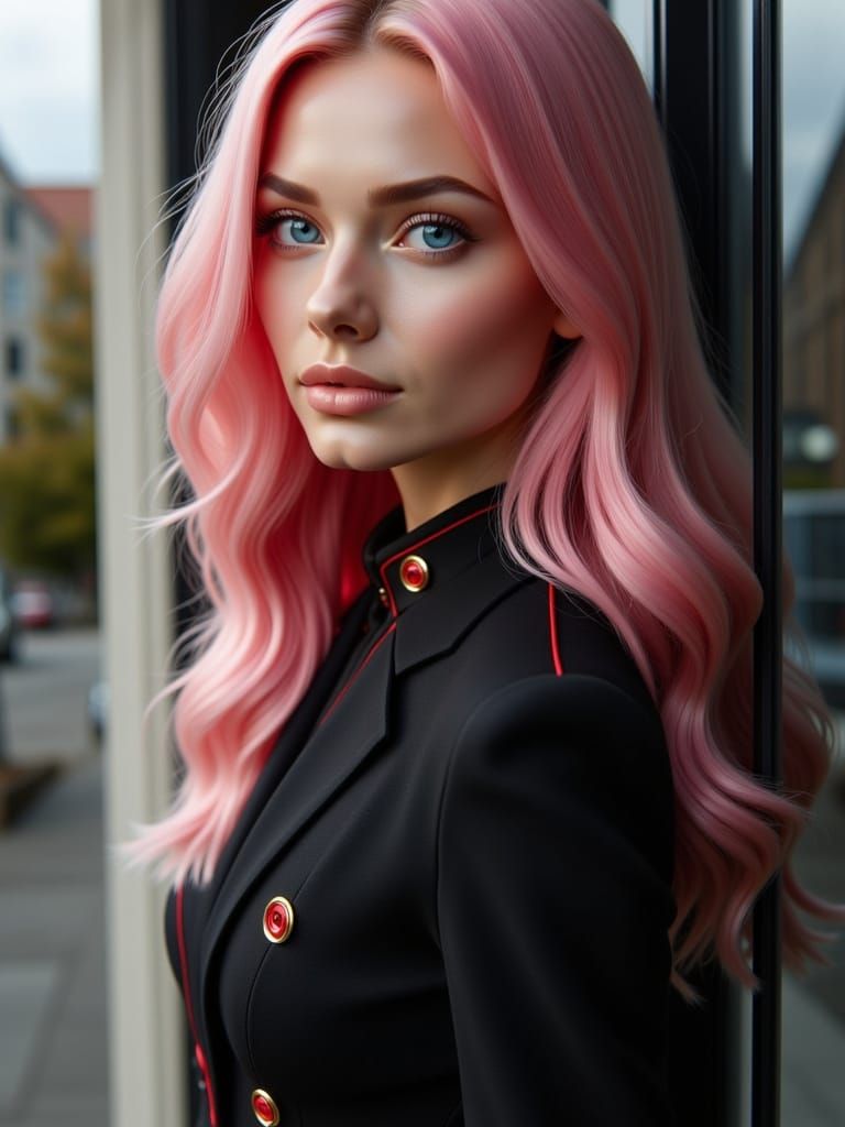 Shoulder portrait of a stylized woman with long pink hair an...