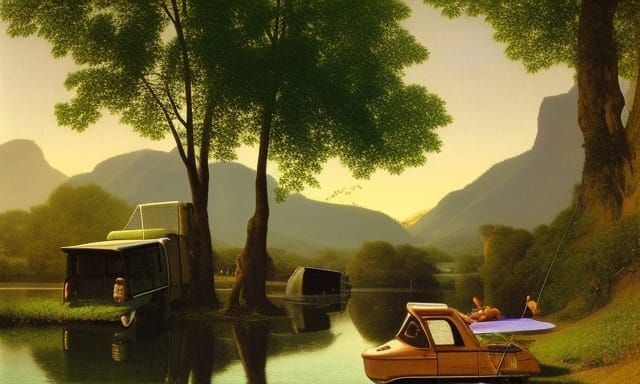 Scenic River Landscape with Van Camp in Baroque Style