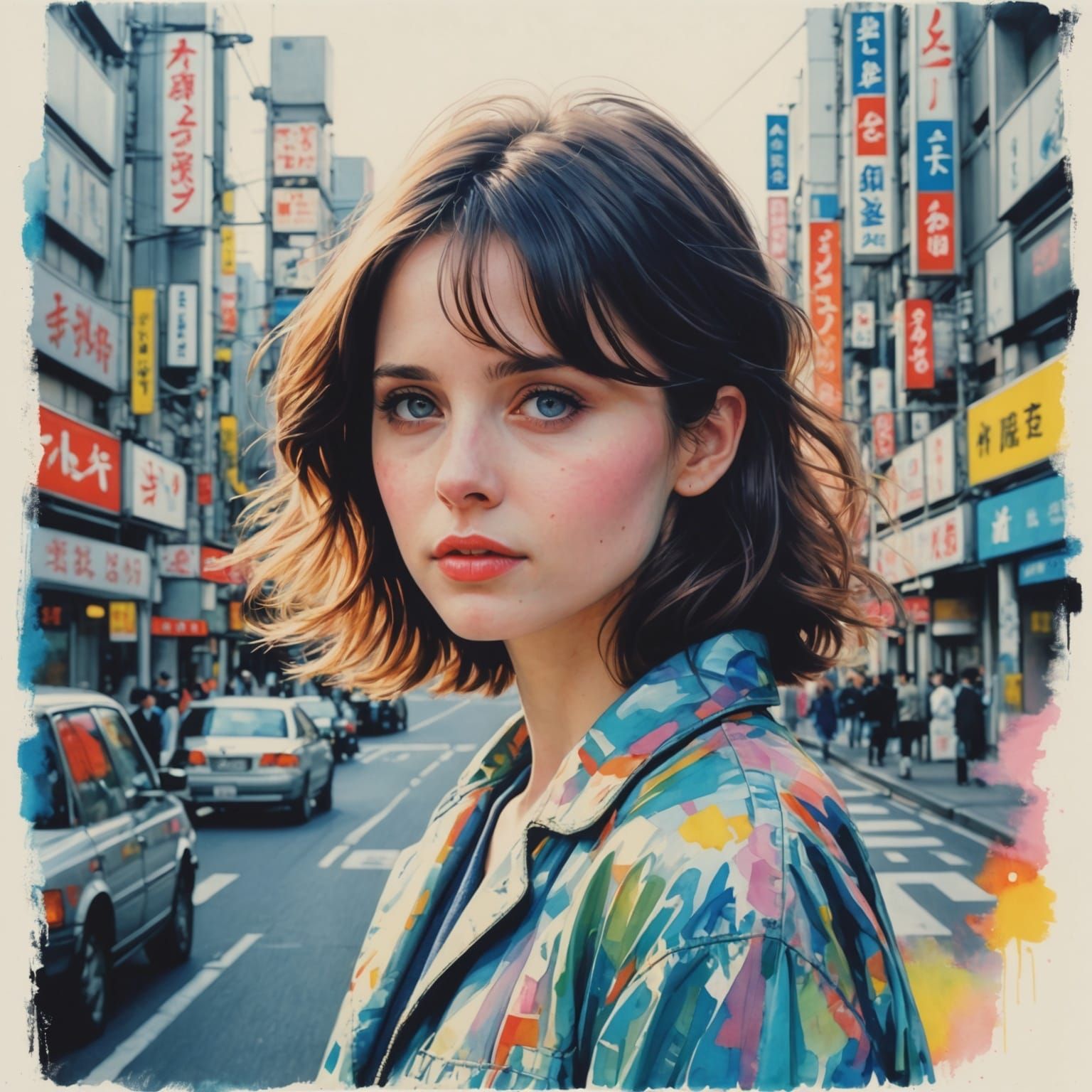 Enchanting Double Exposure Portrait in Tokyo, Watercolor Sty...