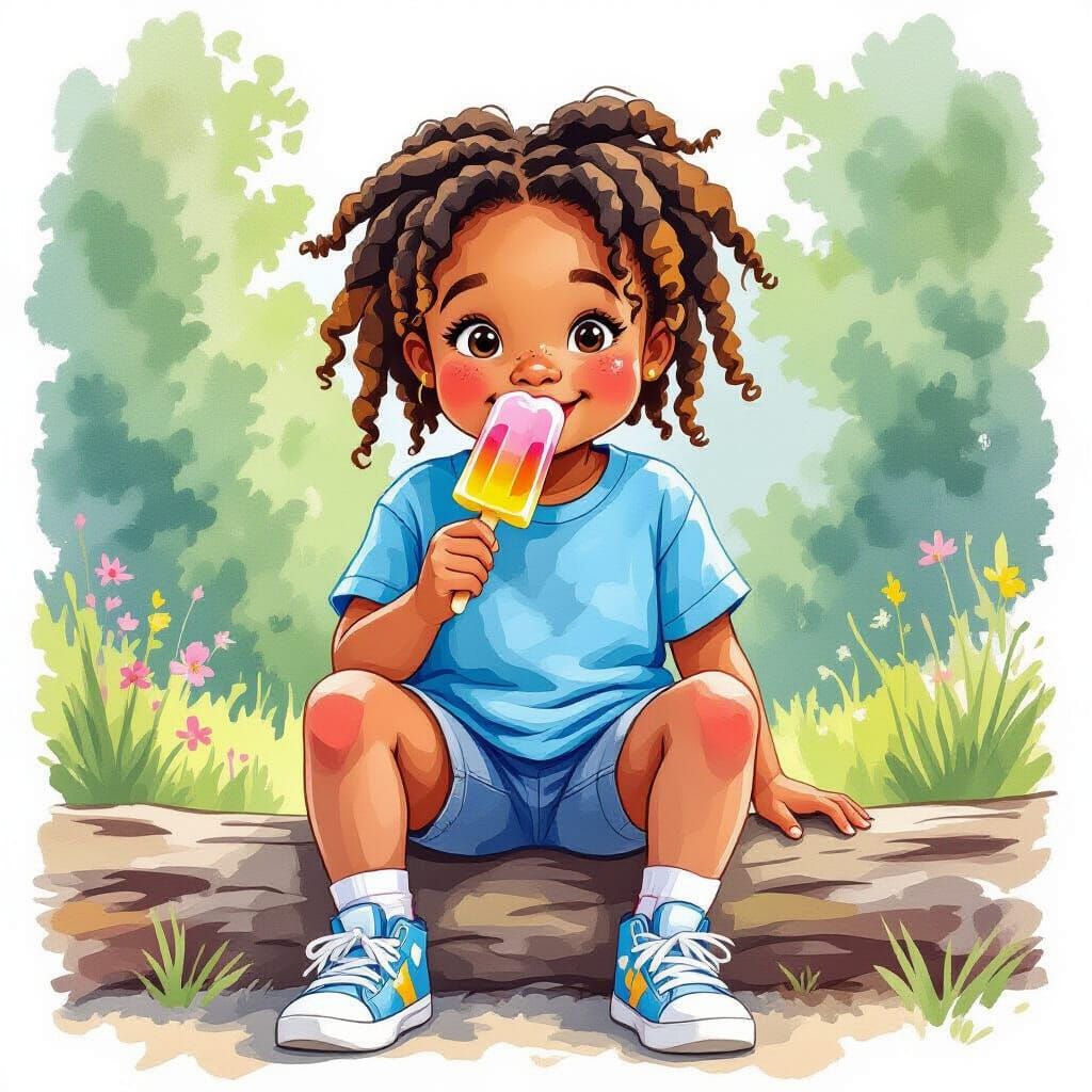 Happy Girl at Summer Camp, Watercolor Style