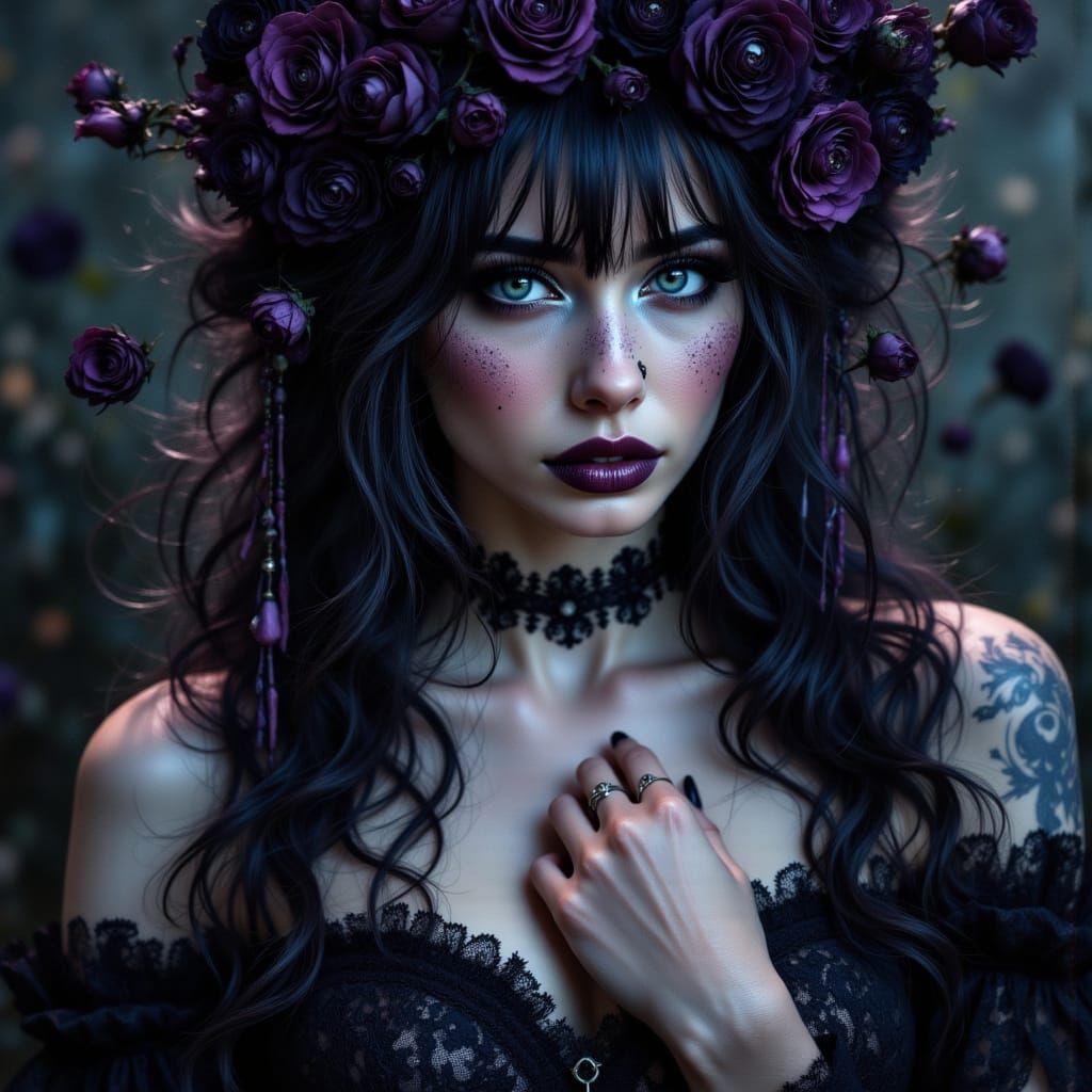 Gothic Woman With Black Roses In Painterly Style