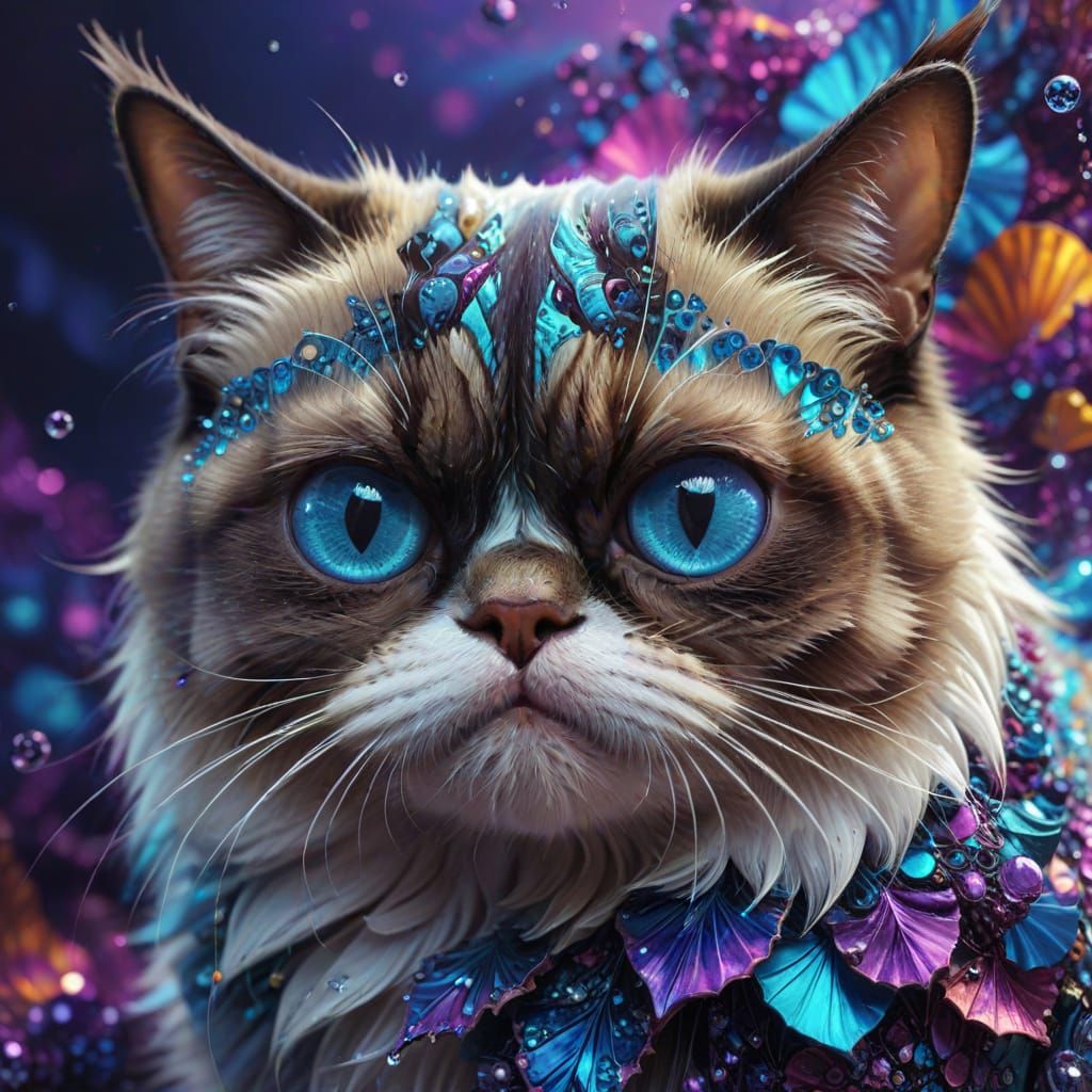 Lovely Grumpy cat loving a fish. Fractal