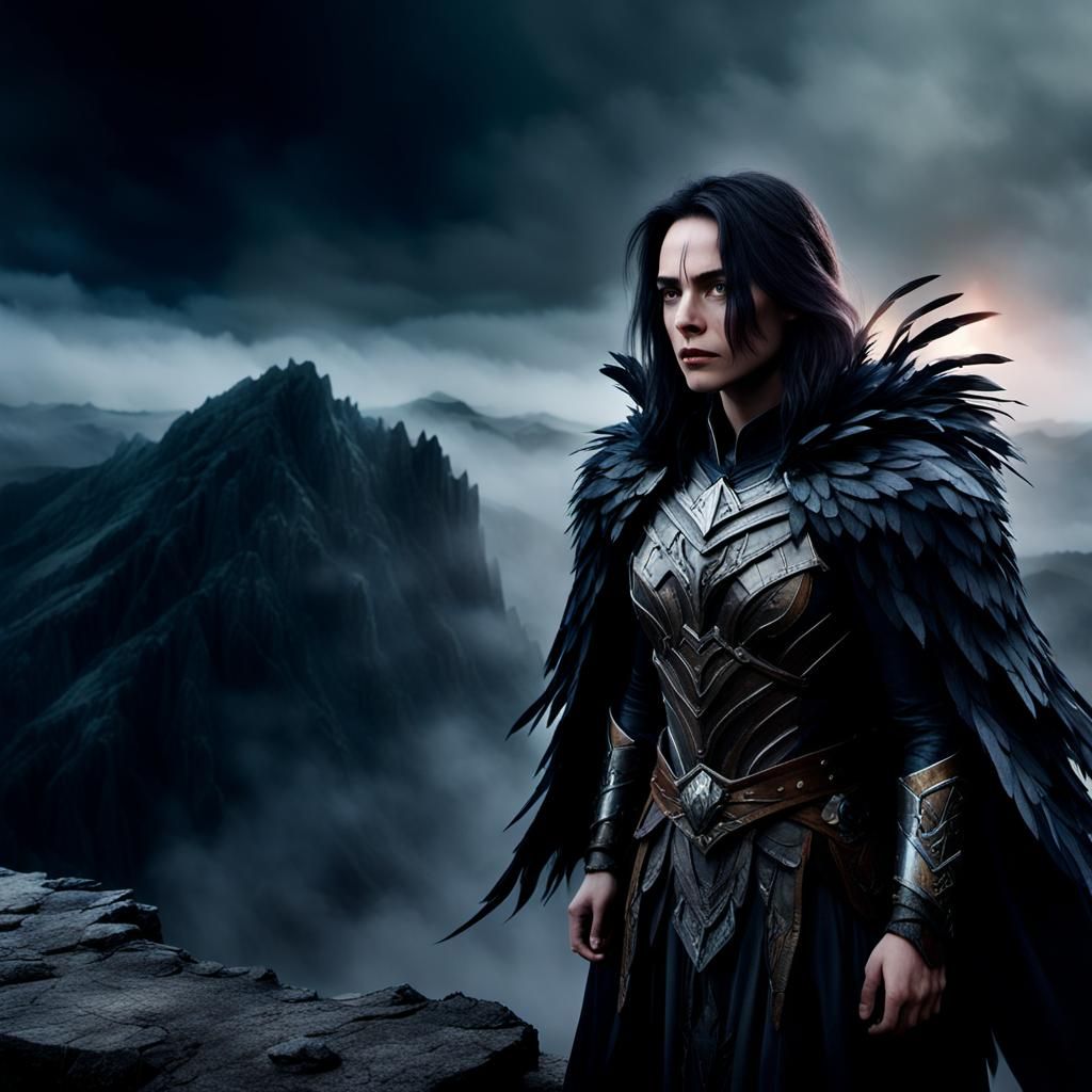 Woman in Feathered Cape on Misty Cliff