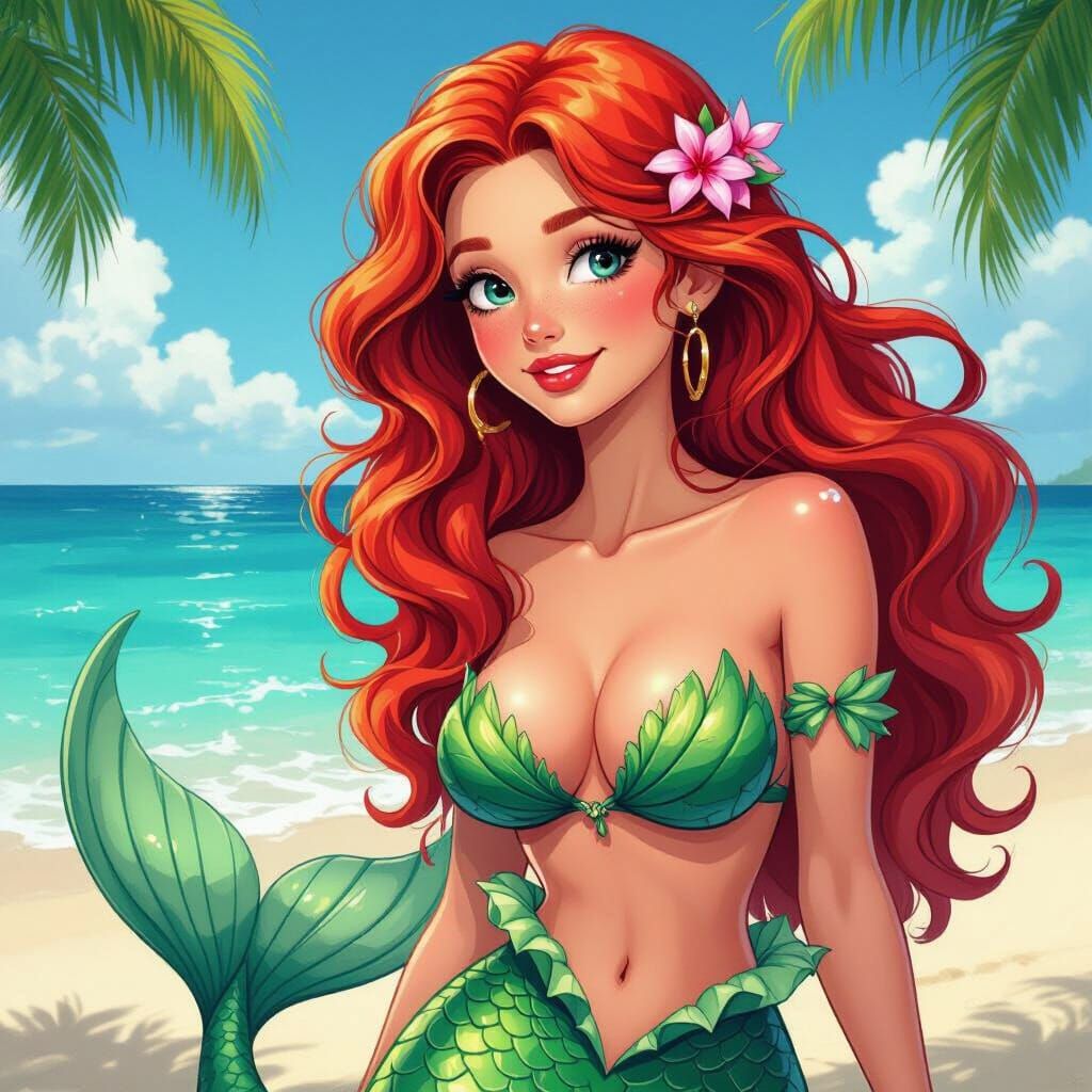 Redheaded Mermaid on Tropical Beach in Comic Book Style