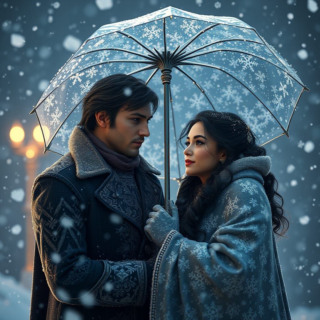 Romantic Christmas Eve Scene with Snowflake Umbrella