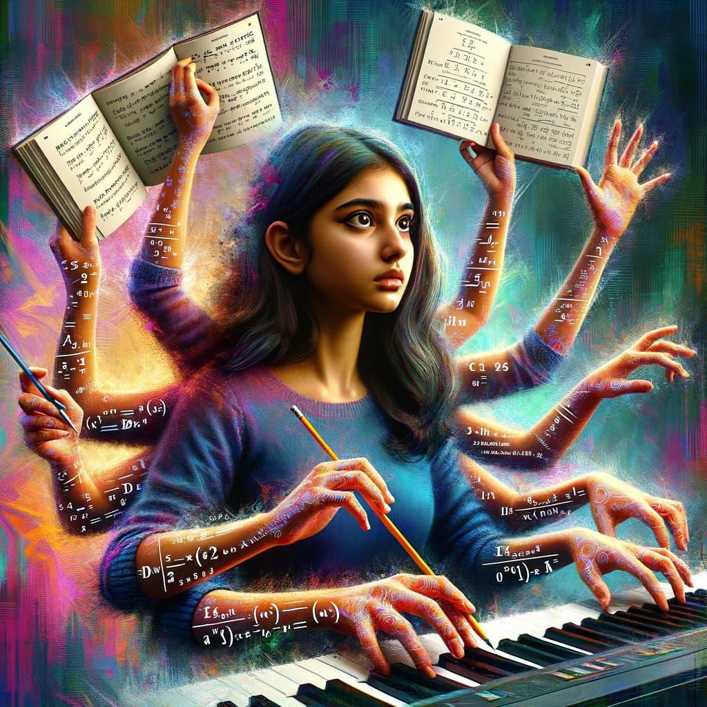 Talented Girl Studying Math and Playing Piano