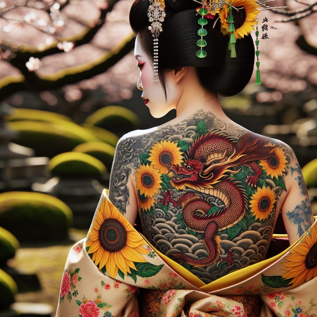 Geisha in Sunflower Kimono with Dragon Tattoo