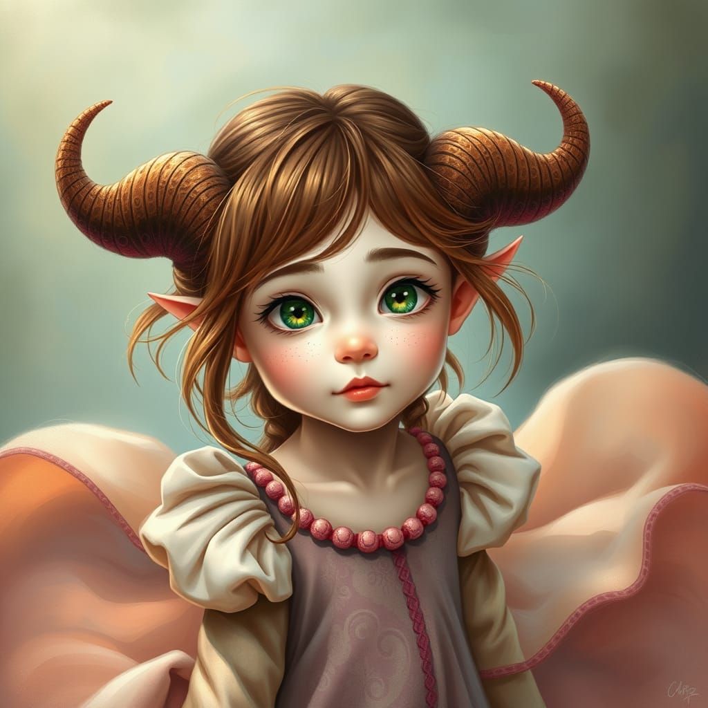 Whimsical Portrait of a Curved-Horned Girl in a Fantastical ...