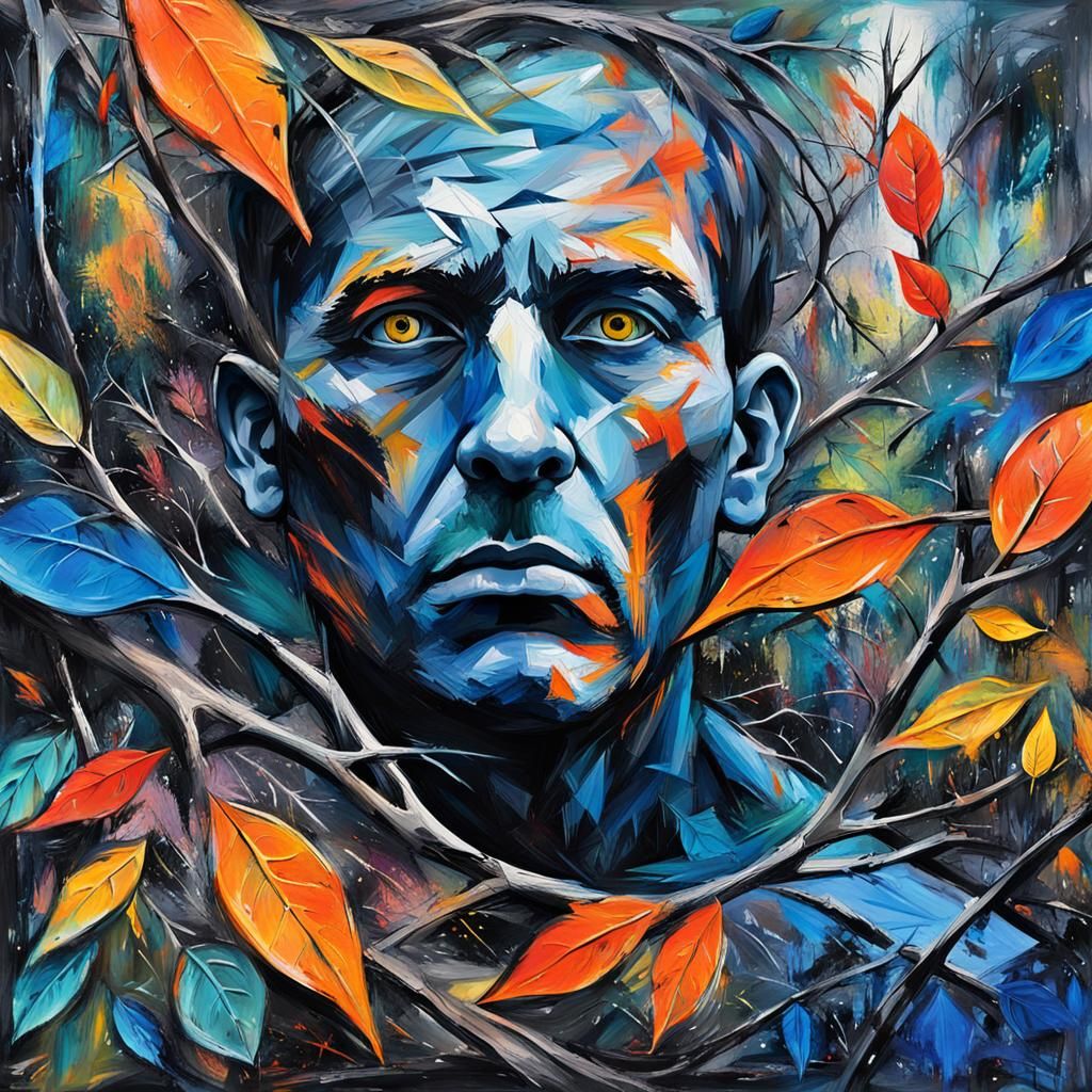 Fearful Figure Lost in Abstract Expressionist Forest