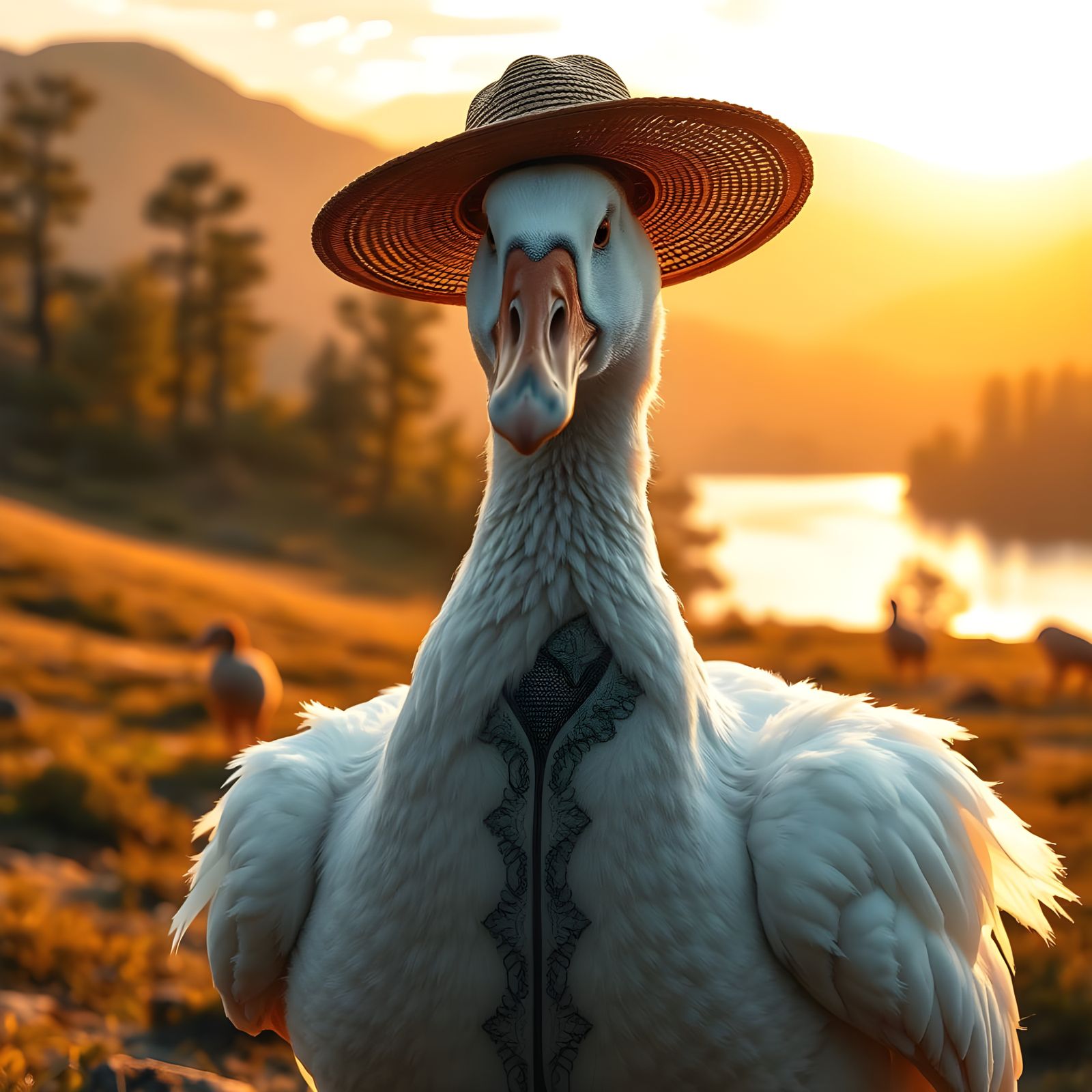 Hyperrealistic Goose Portrait in Golden Hour Landscape