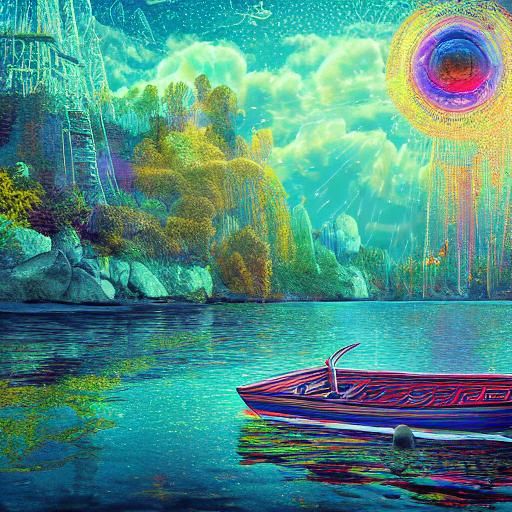Dreamy River Boat Journey: Holographic Astral Illustration