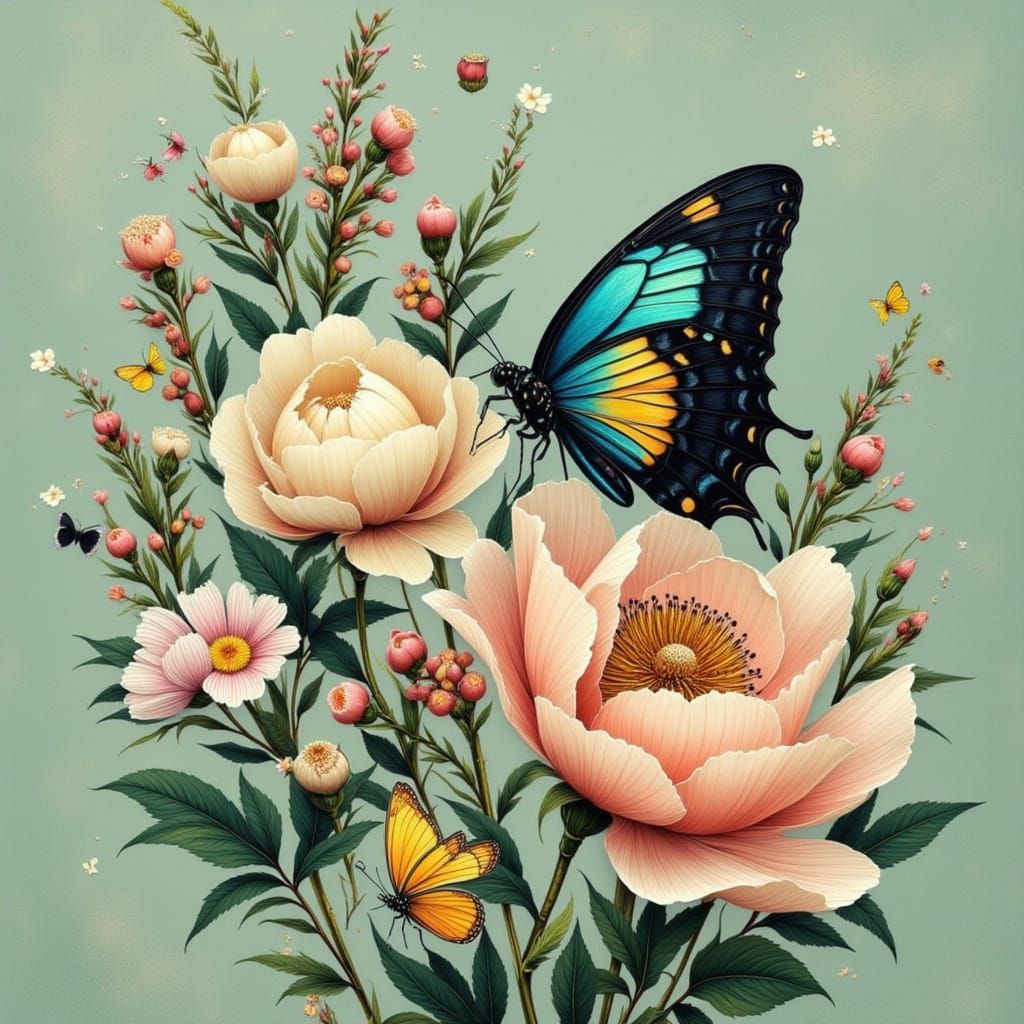 Realistic Butterfly on Peonies in Botanical Illustration Sty...
