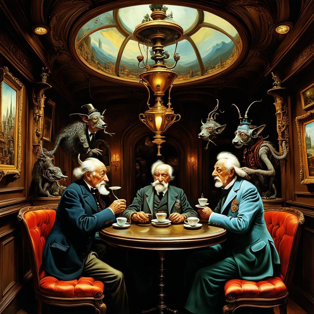 Steampunk Coffee House Scene in Surrealist Style