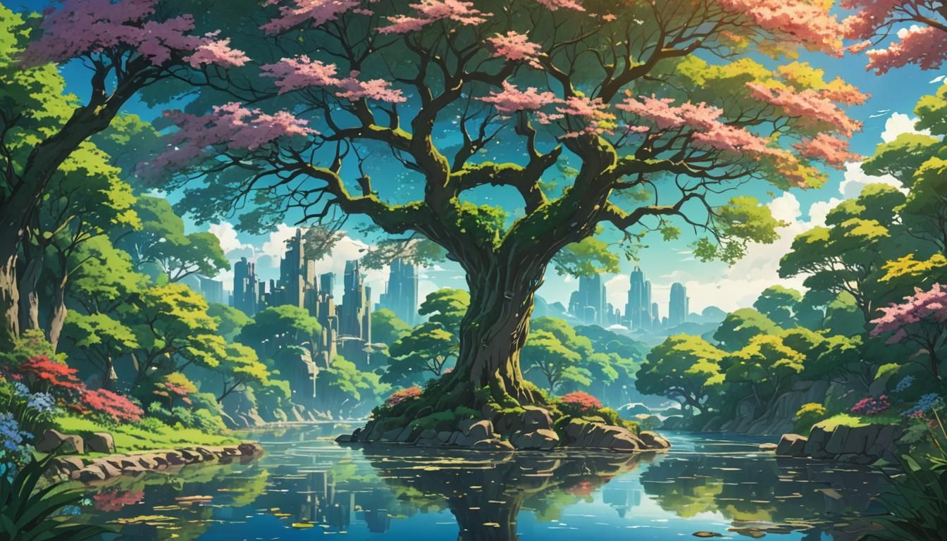 Stained Glass Tree by River in Anime Style