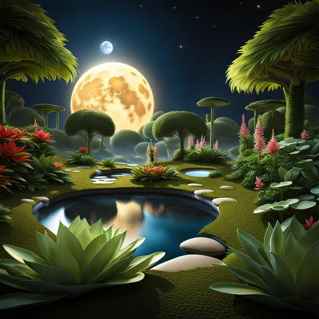 Tranquil Lunar Garden with Exotic Plants