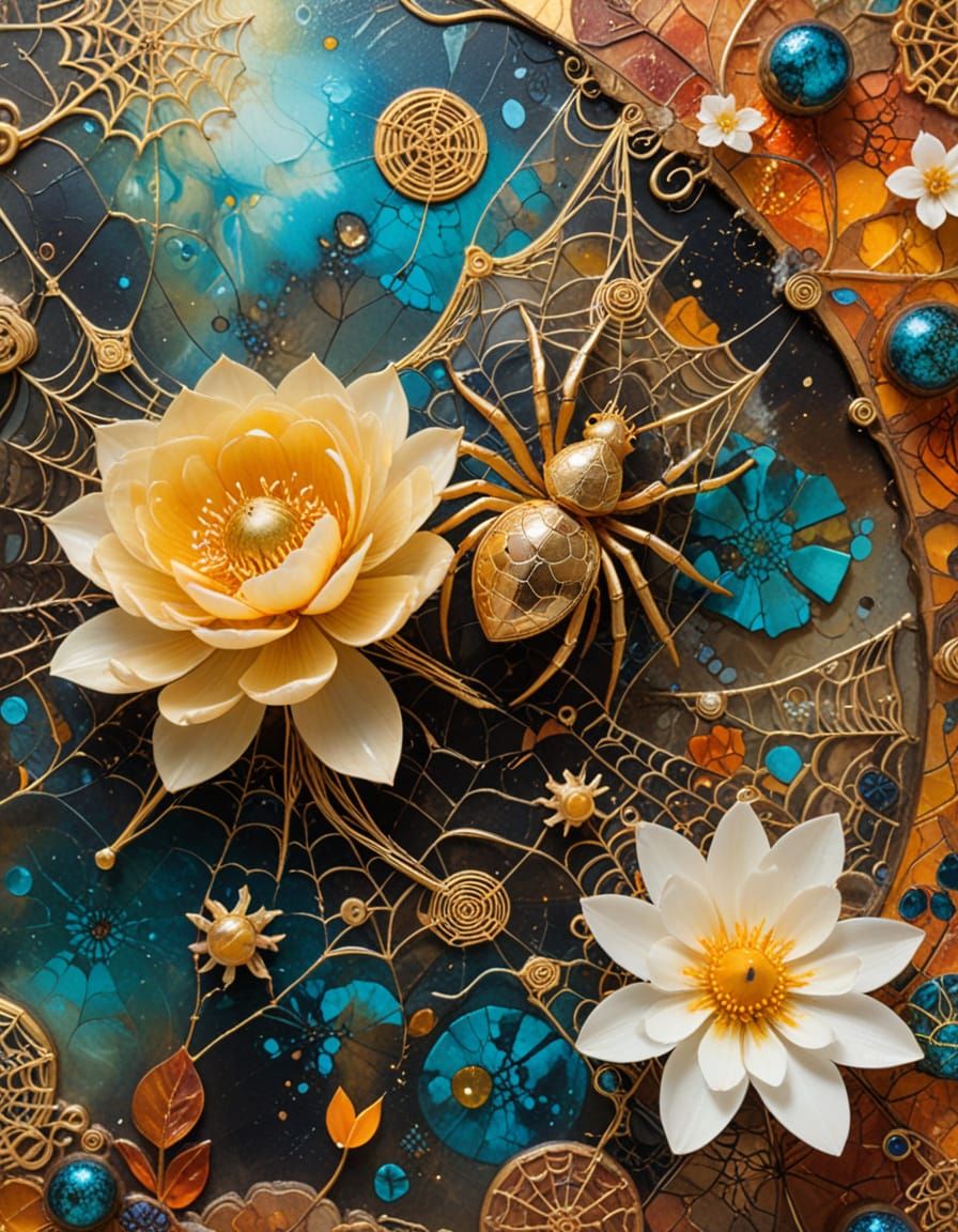 Surreal Spider and Duckling with Ancient Symbols