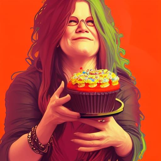 Janis Joplin Portrait with Cupcake, Art Nouveau Style