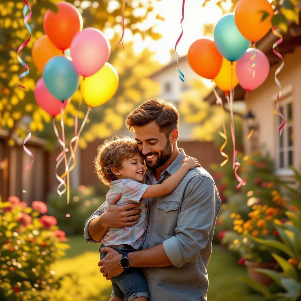 Father and Child Embrace in Vibrant 3D Backyard Scene