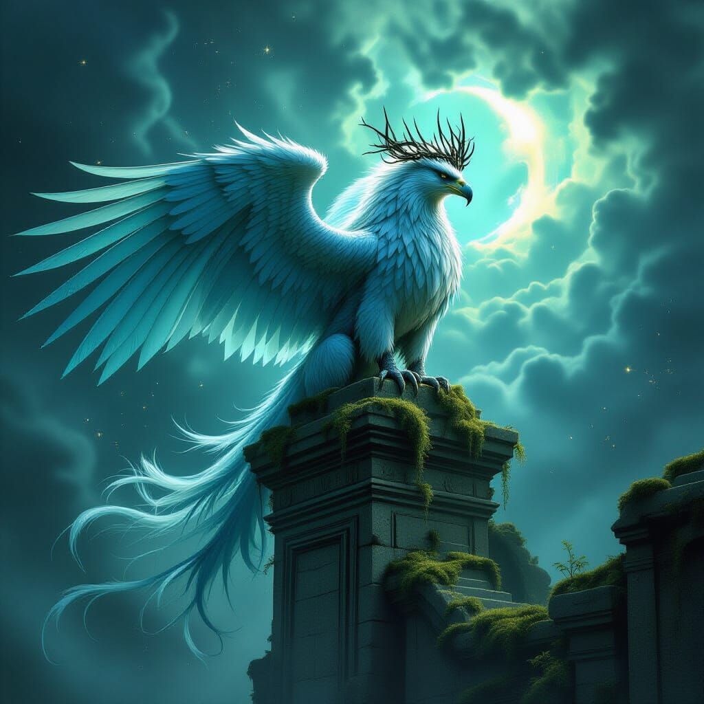Majestic Griffin on Ruin Above Cosmic Vortex