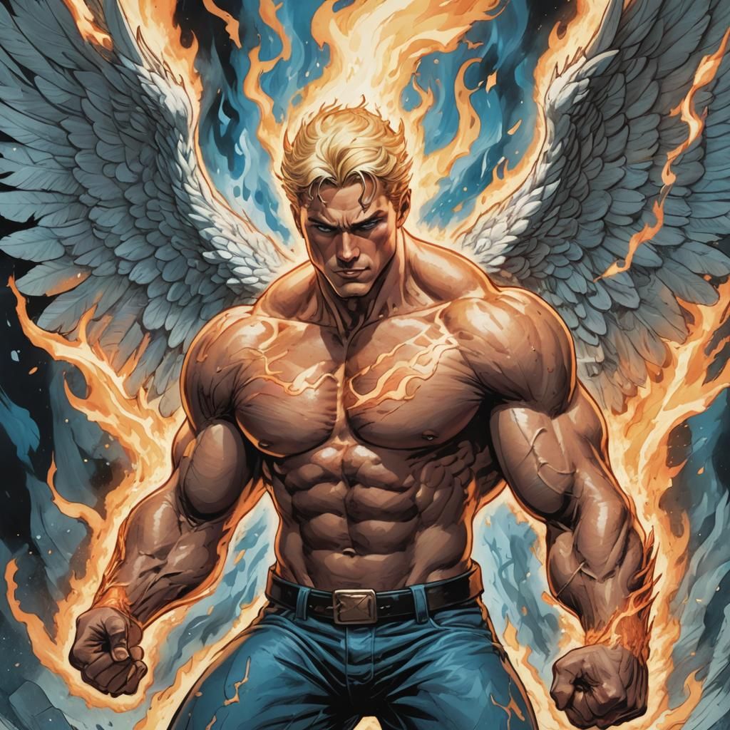Fiery Winged Man: Comic Book Style Portrait
