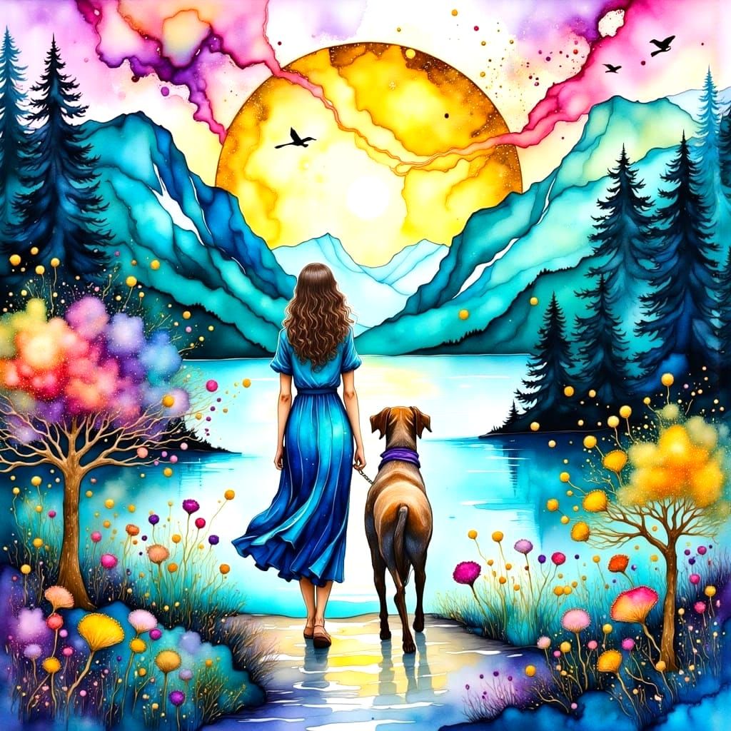 Woman and Dog Stroll Through Whimsical Sunset Landscape