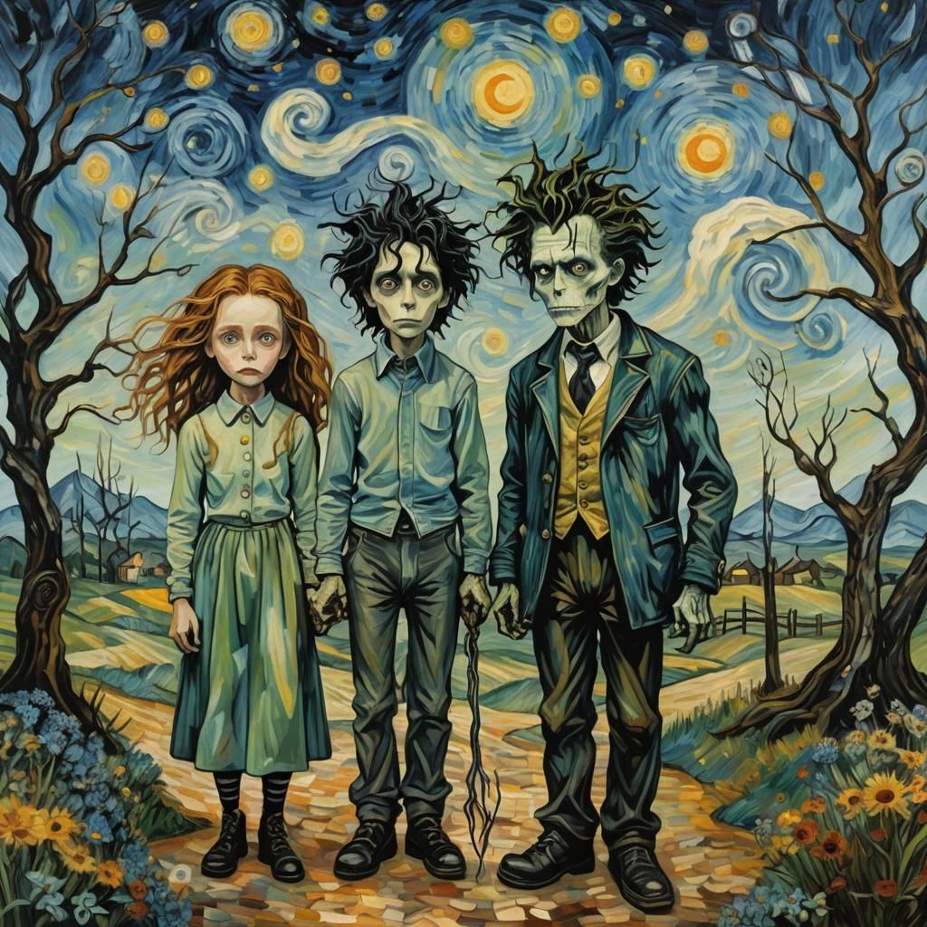 Tim Burton Characters as Van Gogh-Style Painting