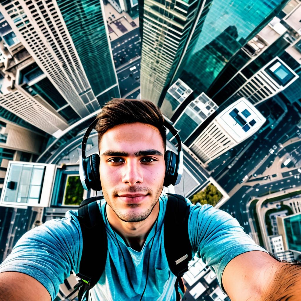 Selfie on Skyscraper Edge: Vertigo Photograph