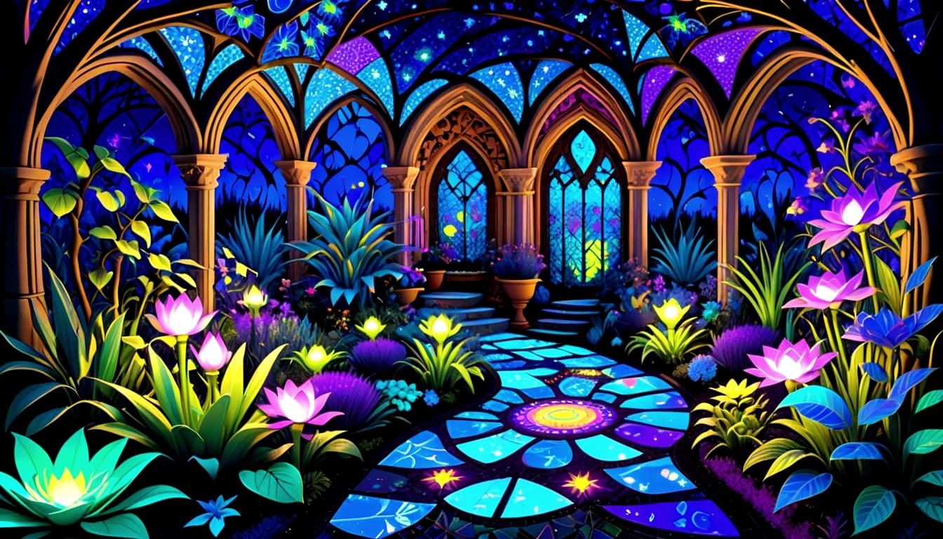 Gothic Enchanting Mosaic Garden in UV Blacklight