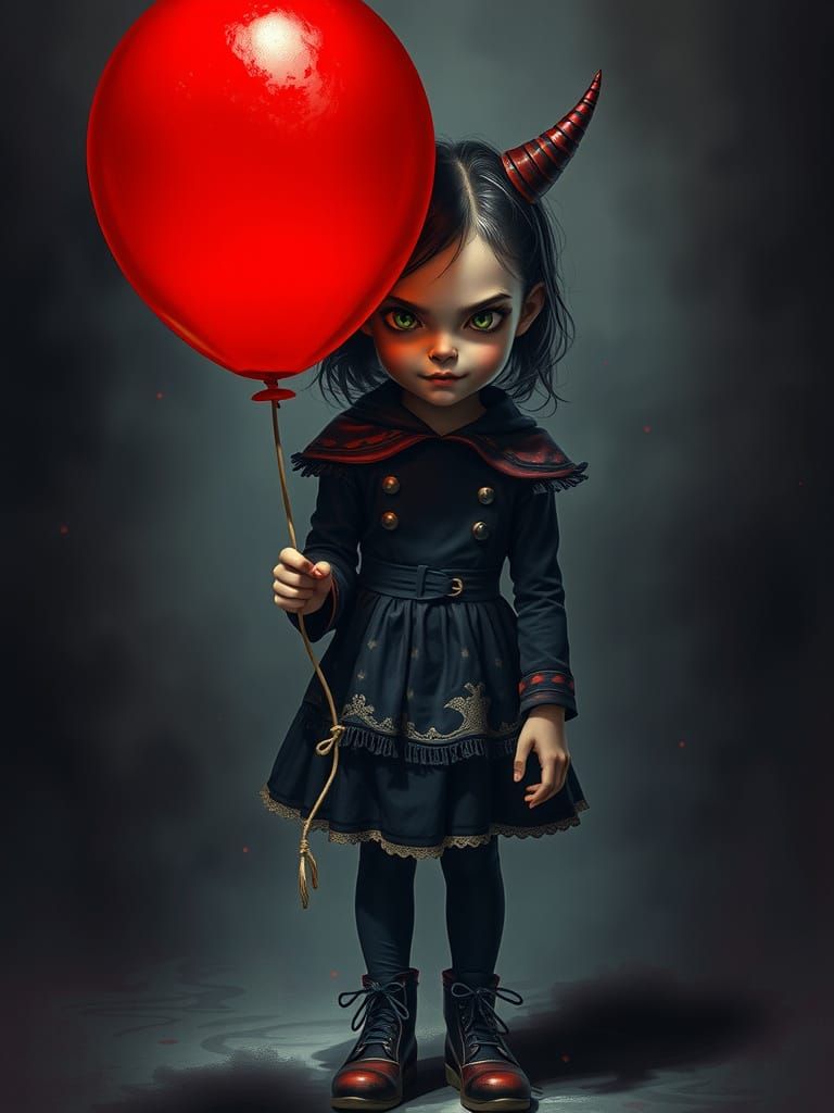 Mischievous Girl with Balloon in Dark Fantasy Style