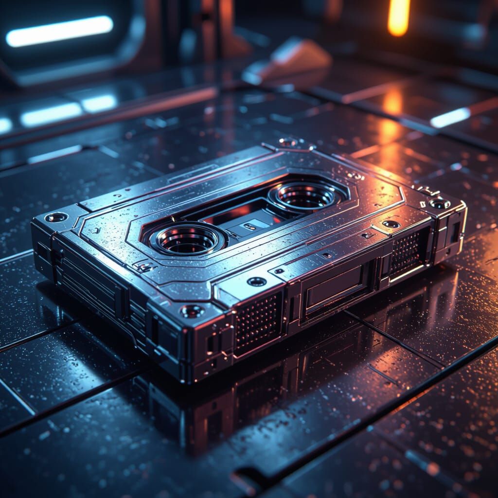 Futuristic Metallic Cassette on High-Tech Surface
