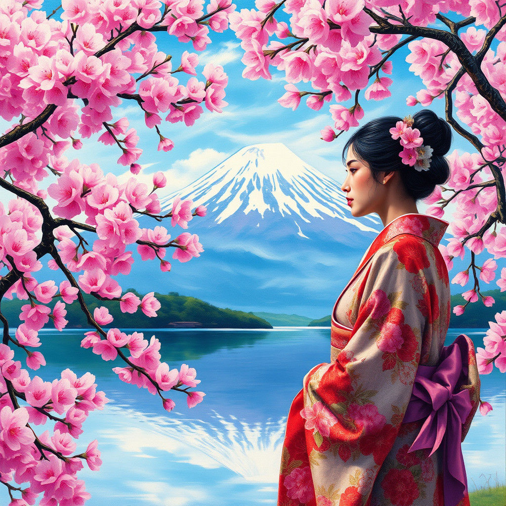Mount Fuji and Cherry Blossoms as Gouache Painting
