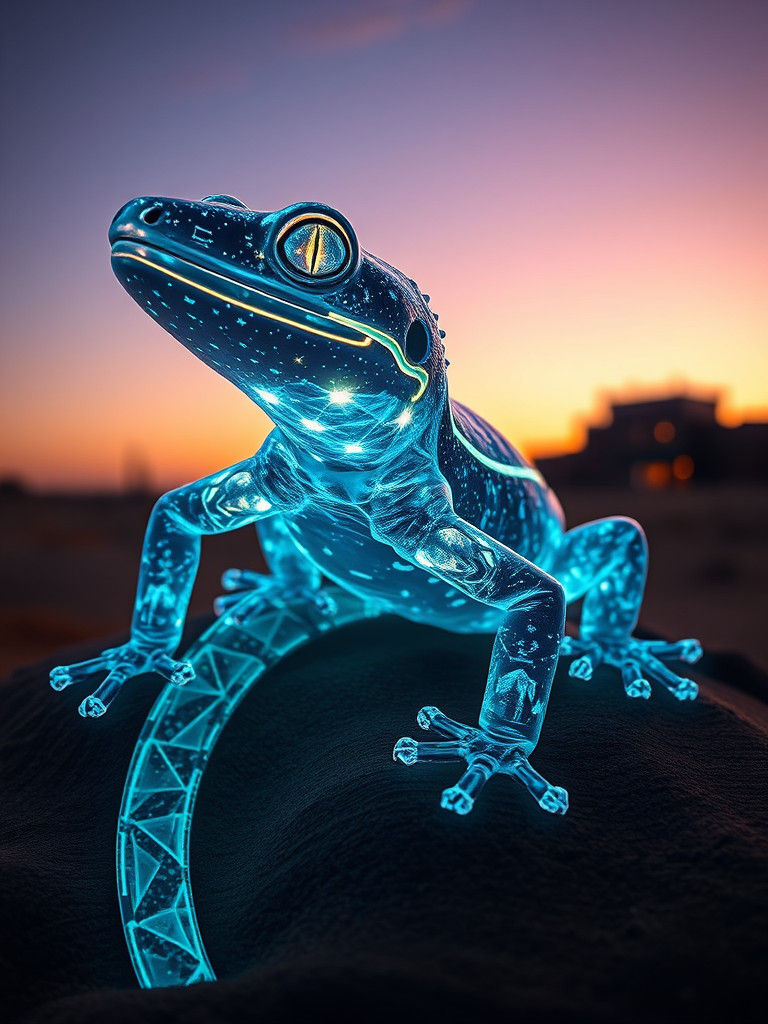 Holographic Gecko in Cyberpunk Desert Landscape