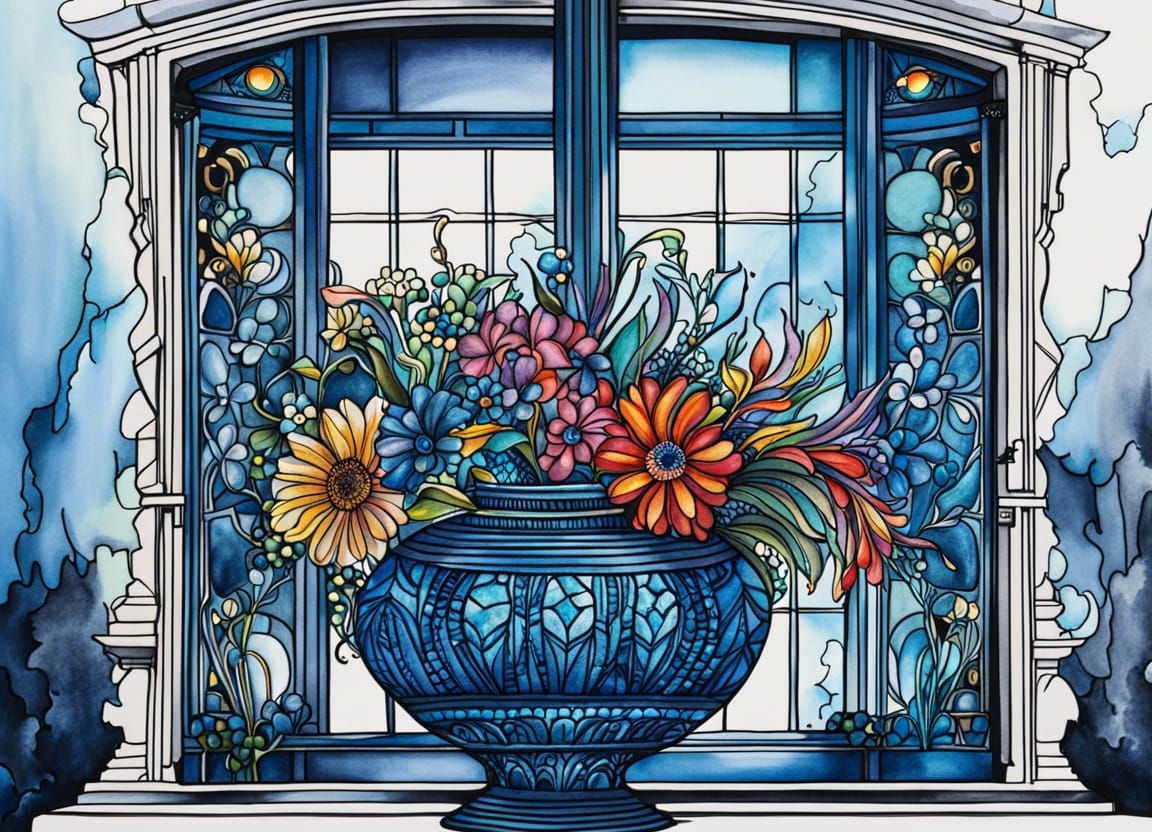 Elaborate Art Deco Flowers in Blue Watercolor