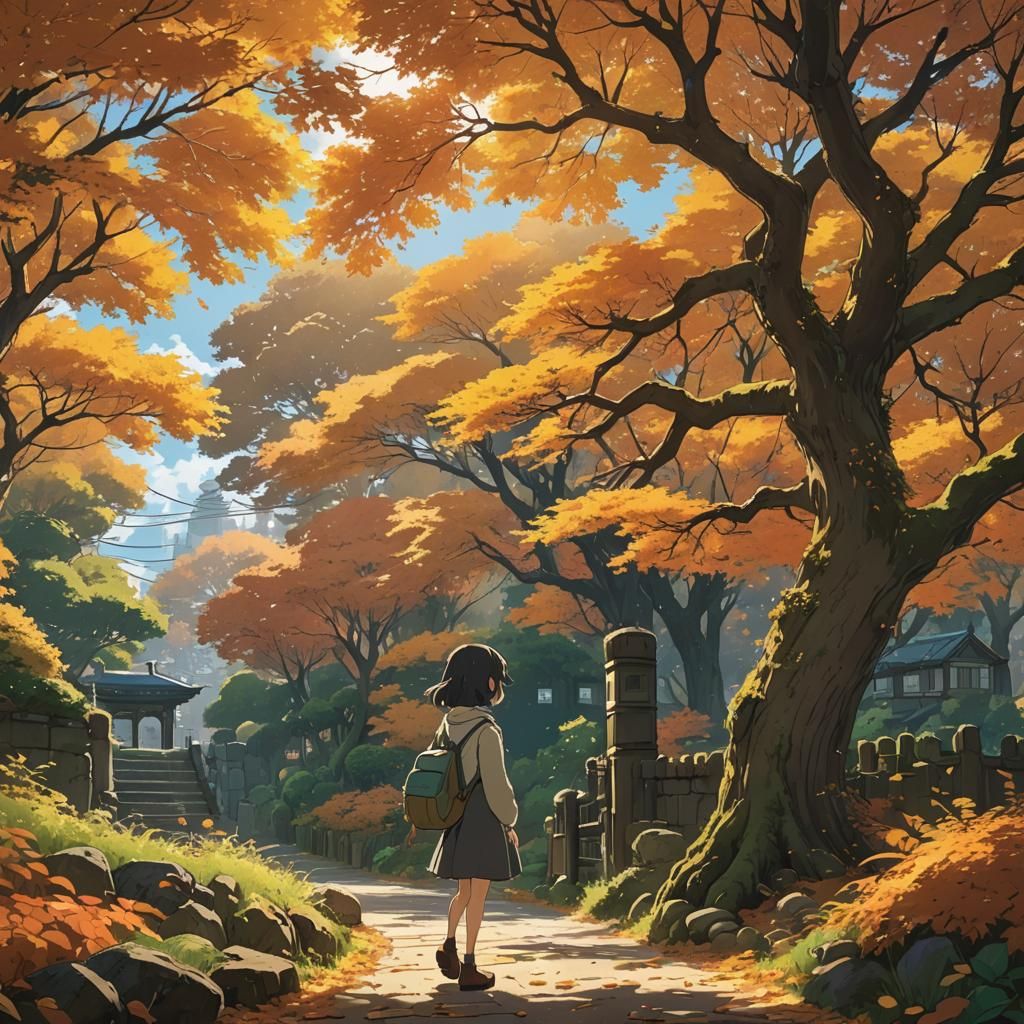 Girl Playing in Autumn: Studio Ghibli Style