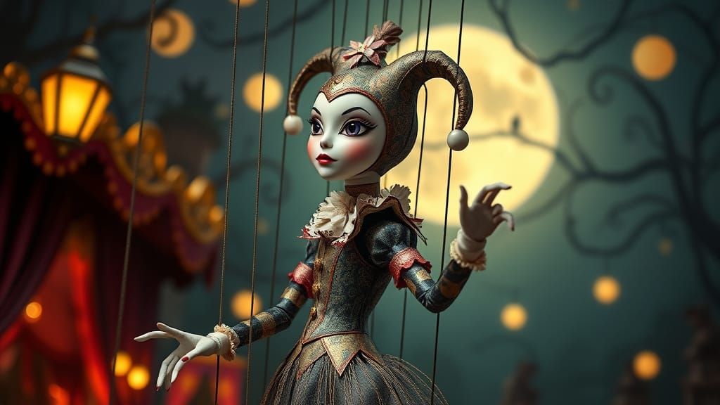 Mystical Marionette in Moonlit Carnival, Whimsical Style
