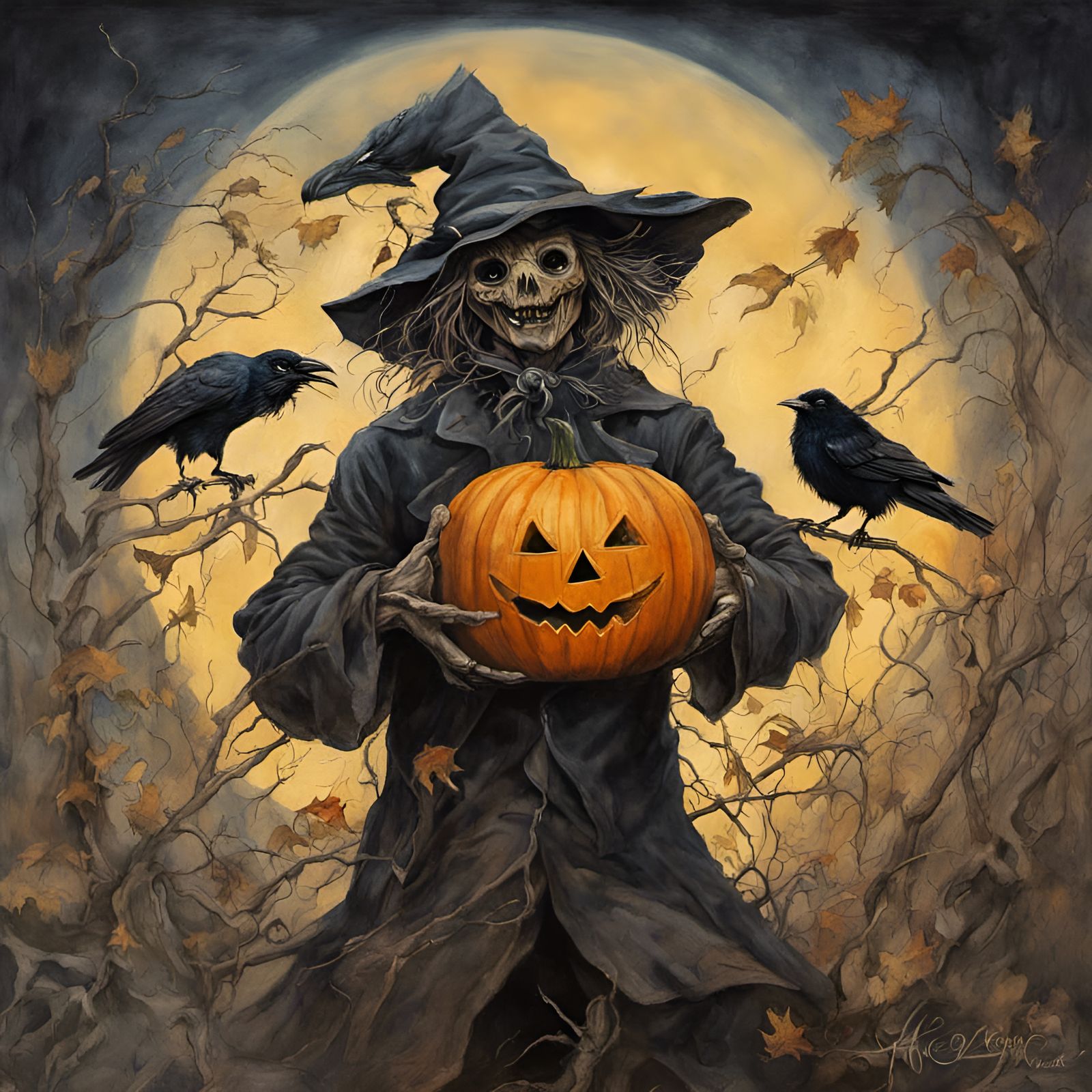 Scarecrow Catches Raven at Twilight in Graffiti Art Style