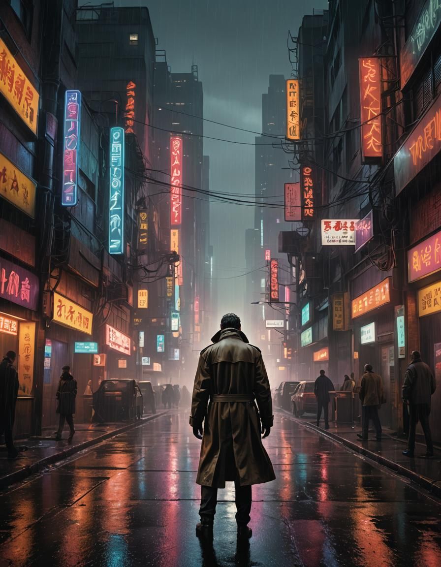 Dystopian Cityscape with Neon Lights in Cyberpunk Style